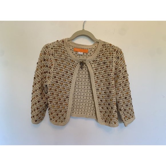 Vtg Y2K Cottage Core Ecru Crochet Gem Beaded Open shrug Cardigan Broach Clasp - Picture 1 of 10